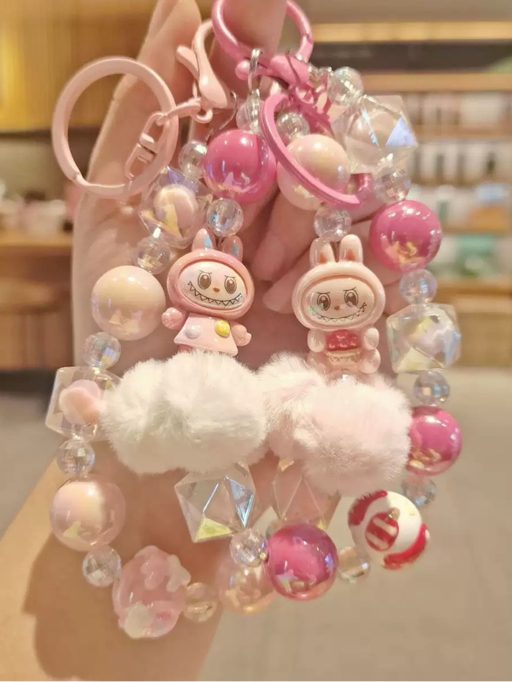 Popmart Labubu pink white purple blue beaded pompom Keychain phonechain